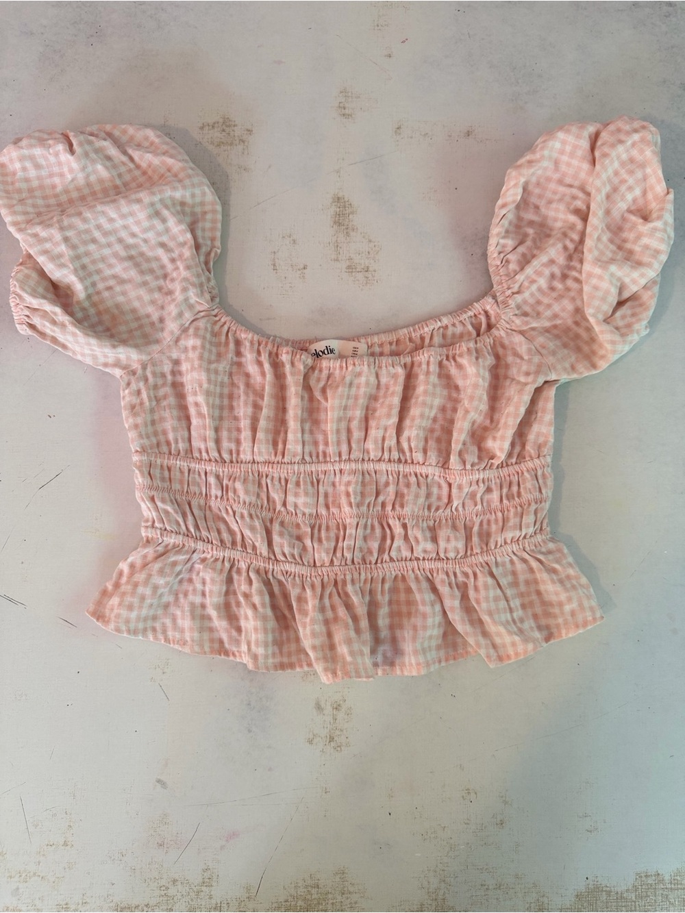 Elodie Pink Gingham Smocked Puff-Sleeve Crop Top